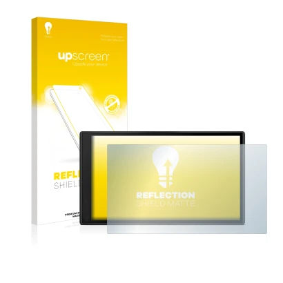 Parte frontal de un envase de producto con el logotipo de la marca upscreen. Al lado se muestra el dispositivo Garmin DriveSma