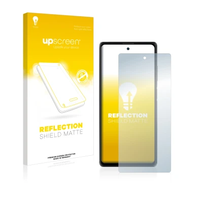 Parte frontal de un envase de producto con el logotipo de la marca upscreen. Al lado se muestra el dispositivo Blackview A100 