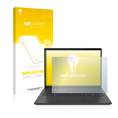 Parte frontal de un envase de producto con el logotipo de la marca upscreen. Al lado se muestra el dispositivo Lenovo ThinkPad