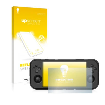 Parte frontal de un envase de producto con el logotipo de la marca upscreen. Al lado se muestra el dispositivo Retroid Pocket