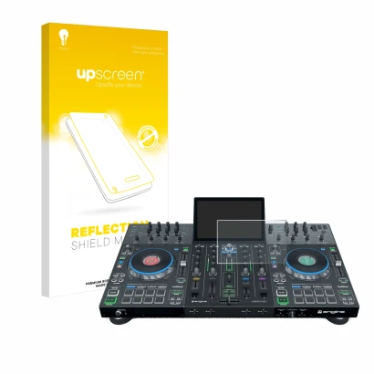 Parte frontal de un envase de producto con el logotipo de la marca upscreen. Al lado se muestra el dispositivo Denon DJ Prime