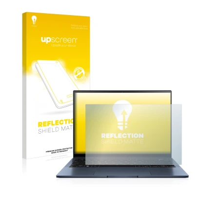 Parte frontal de un envase de producto con el logotipo de la marca upscreen. Al lado se muestra el dispositivo ASUS ZenBook S1