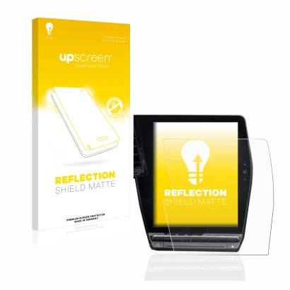 Parte frontal de un envase de producto con el logotipo de la marca upscreen. Al lado se muestra el dispositivo Renault Megane 