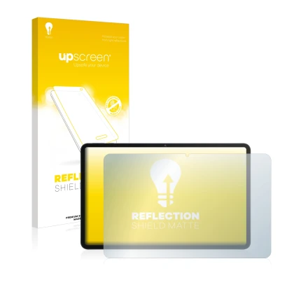 Parte frontal de un envase de producto con el logotipo de la marca upscreen. Al lado se muestra el dispositivo Honor Pad 8 con