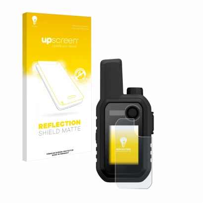 Parte frontal de un envase de producto con el logotipo de la marca upscreen. Al lado se muestra el dispositivo Garmin Alpha 10