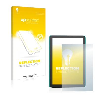 Parte frontal de un envase de producto con el logotipo de la marca upscreen. Al lado se muestra el dispositivo Amazon Kindle K