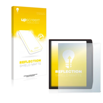 Parte frontal de un envase de producto con el logotipo de la marca upscreen. Al lado se muestra el dispositivo PocketBook Era 