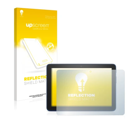 Parte frontal de un envase de producto con el logotipo de la marca upscreen. Al lado se muestra el dispositivo Amazon Fire HD