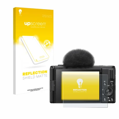 Parte frontal de un envase de producto con el logotipo de la marca upscreen. Al lado se muestra el dispositivo Sony ZV-1F con