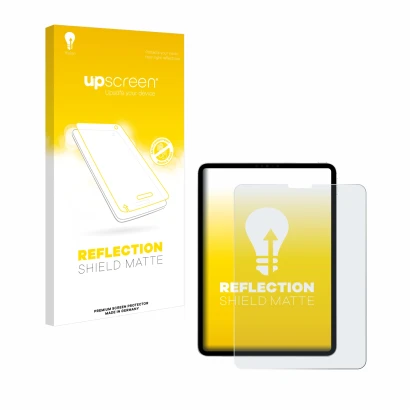 Parte frontal de un envase de producto con el logotipo de la marca upscreen. Al lado se muestra el dispositivo Apple iPad Pro 