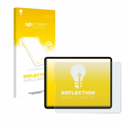 Parte frontal de un envase de producto con el logotipo de la marca upscreen. Al lado se muestra el dispositivo Apple iPad Pro 