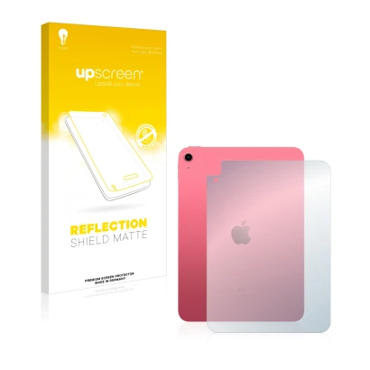 Parte frontal de un envase de producto con el logotipo de la marca upscreen. Al lado se muestra el dispositivo Apple iPad 10.9