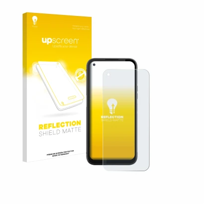 Parte frontal de un envase de producto con el logotipo de la marca upscreen. Al lado se muestra el dispositivo Gigaset GX6 con