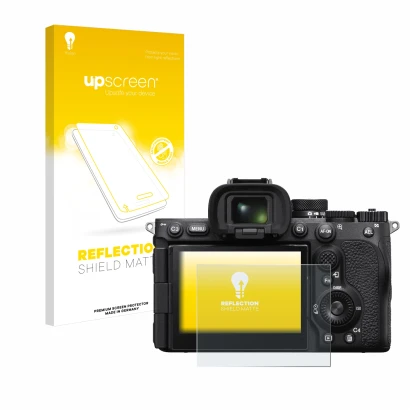 Parte frontal de un envase de producto con el logotipo de la marca upscreen. Al lado se muestra el dispositivo Sony Alpha 7R V