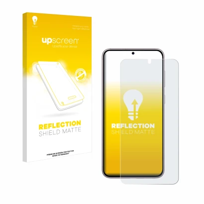 Parte frontal de un envase de producto con el logotipo de la marca upscreen. Al lado se muestra el dispositivo Samsung Galaxy