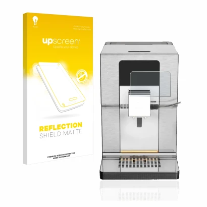 Parte frontal de un envase de producto con el logotipo de la marca upscreen. Al lado se muestra el dispositivo Krups Intuition