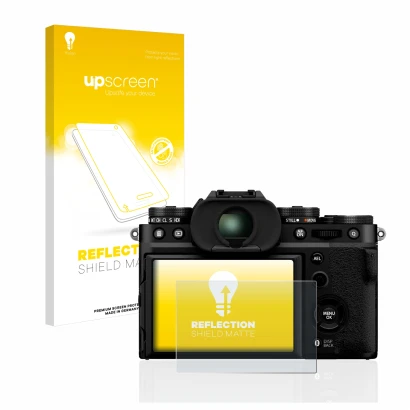 Parte frontal de un envase de producto con el logotipo de la marca upscreen. Al lado se muestra el dispositivo Fujifilm X-T5 c