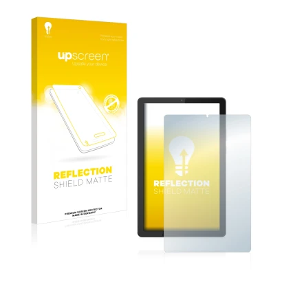 Parte frontal de un envase de producto con el logotipo de la marca upscreen. Al lado se muestra el dispositivo Lenovo Tab M9 c