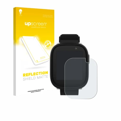 Parte frontal de un envase de producto con el logotipo de la marca upscreen. Al lado se muestra el dispositivo Xplora X6 Play 