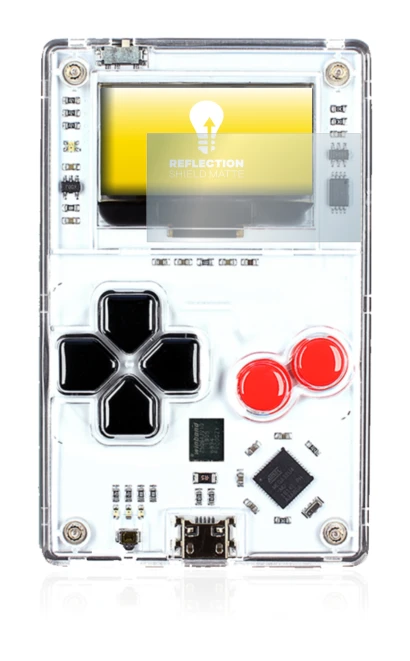 Imagen del dispositivo Arduboy FX con una amplia variedad de protectores de pantalla.
