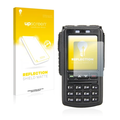 Parte frontal de un envase de producto con el logotipo de la marca upscreen. Al lado se muestra el dispositivo AnyTone BT-01 c