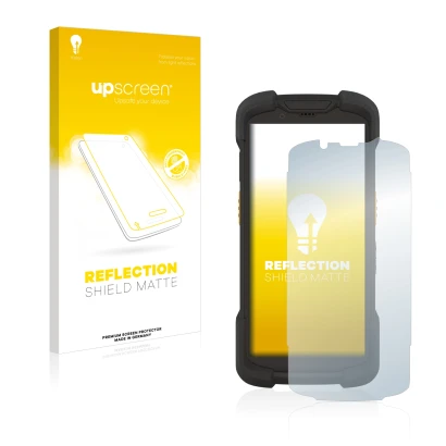Parte frontal de un envase de producto con el logotipo de la marca upscreen. Al lado se muestra el dispositivo Zebra TC73 con