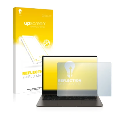 Parte frontal de un envase de producto con el logotipo de la marca upscreen. Al lado se muestra el dispositivo Samsung Galaxy 