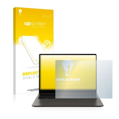 Parte frontal de un envase de producto con el logotipo de la marca upscreen. Al lado se muestra el dispositivo Samsung Galaxy 