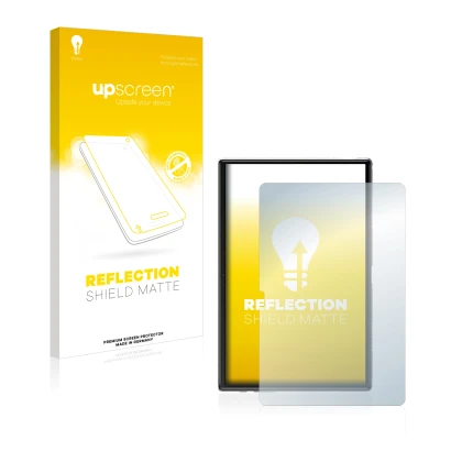 Parte frontal de un envase de producto con el logotipo de la marca upscreen. Al lado se muestra el dispositivo Yestel T10 10"