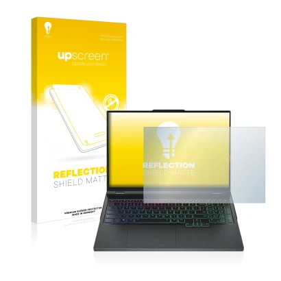 Parte frontal de un envase de producto con el logotipo de la marca upscreen. Al lado se muestra el dispositivo Lenovo Legion P