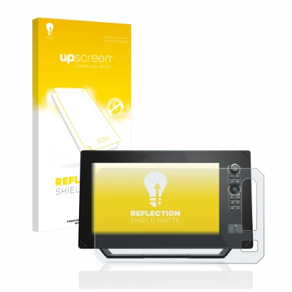 Parte frontal de un envase de producto con el logotipo de la marca upscreen. Al lado se muestra el dispositivo Humminbird Apex