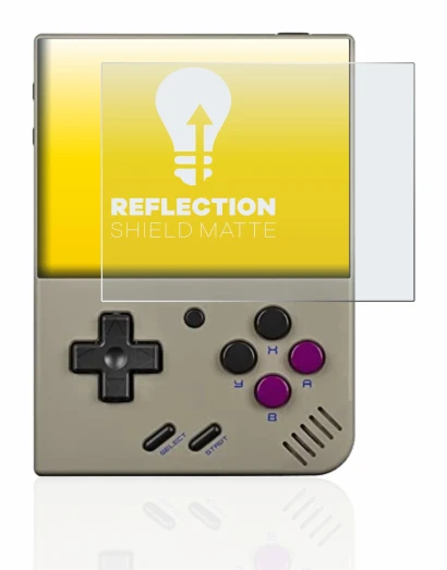 Imagen del dispositivo Miyoo Mini Plus con una amplia variedad de protectores de pantalla.