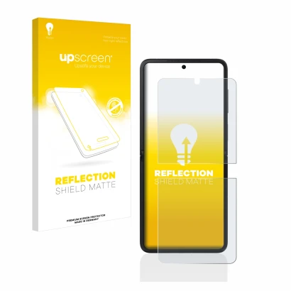 Parte frontal de un envase de producto con el logotipo de la marca upscreen. Al lado se muestra el dispositivo Oppo Find N2 Fl