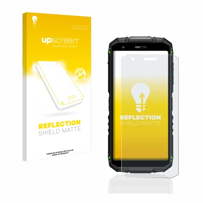 Parte frontal de un envase de producto con el logotipo de la marca upscreen. Al lado se muestra el dispositivo Doogee S41 Pro 