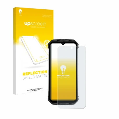 Parte frontal de un envase de producto con el logotipo de la marca upscreen. Al lado se muestra el dispositivo Doogee S100 con