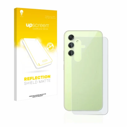 Parte frontal de un envase de producto con el logotipo de la marca upscreen. Al lado se muestra el dispositivo Samsung Galaxy