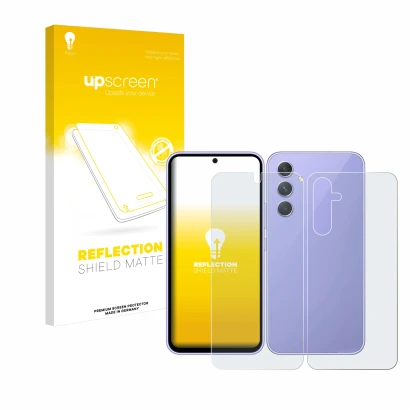Parte frontal de un envase de producto con el logotipo de la marca upscreen. Al lado se muestra el dispositivo Samsung Galaxy