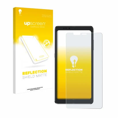 Parte frontal de un envase de producto con el logotipo de la marca upscreen. Al lado se muestra el dispositivo Hisense A9 con