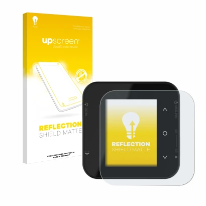 Parte frontal de un envase de producto con el logotipo de la marca upscreen. Al lado se muestra el dispositivo ISDT Air8 con s