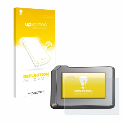 Parte frontal de un envase de producto con el logotipo de la marca upscreen. Al lado se muestra el dispositivo KTM 1290 Super 