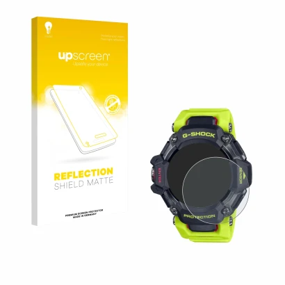 Parte frontal de un envase de producto con el logotipo de la marca upscreen. Al lado se muestra el dispositivo Casio G-Shock G