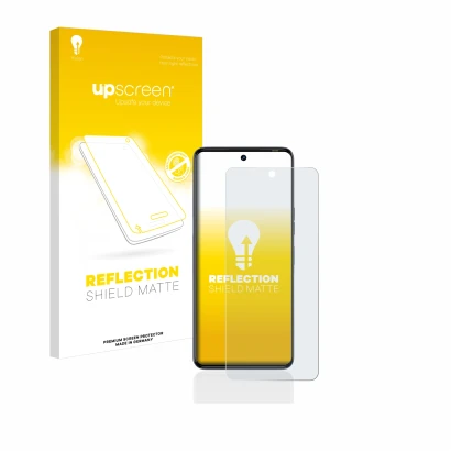 Parte frontal de un envase de producto con el logotipo de la marca upscreen. Al lado se muestra el dispositivo Tecno Camon 20