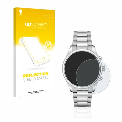 Parte frontal de un envase de producto con el logotipo de la marca upscreen. Al lado se muestra el dispositivo Hugo Boss Chron