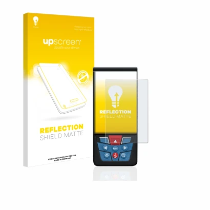 Parte frontal de un envase de producto con el logotipo de la marca upscreen. Al lado se muestra el dispositivo Bosch GLM 100-2