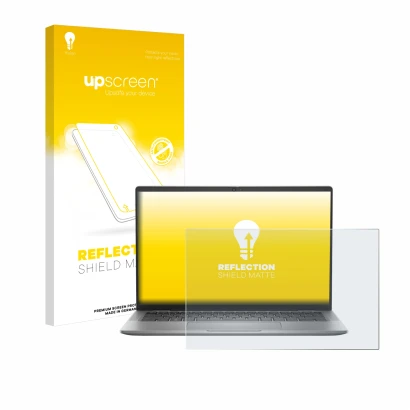 Parte frontal de un envase de producto con el logotipo de la marca upscreen. Al lado se muestra el dispositivo Dell Latitude 7