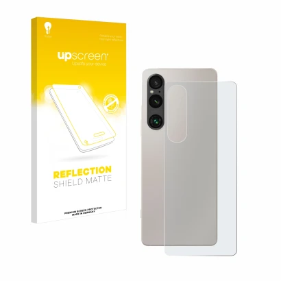 Parte frontal de un envase de producto con el logotipo de la marca upscreen. Al lado se muestra el dispositivo Sony Xperia 1 V