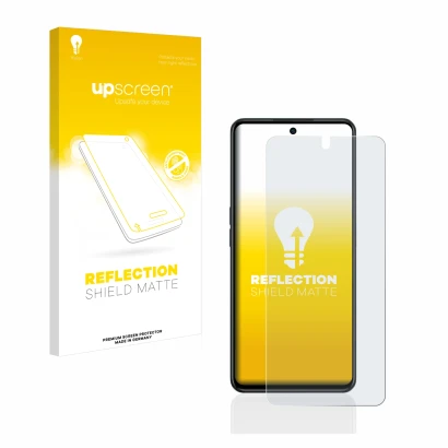 Parte frontal de un envase de producto con el logotipo de la marca upscreen. Al lado se muestra el dispositivo Oppo A98 5G con