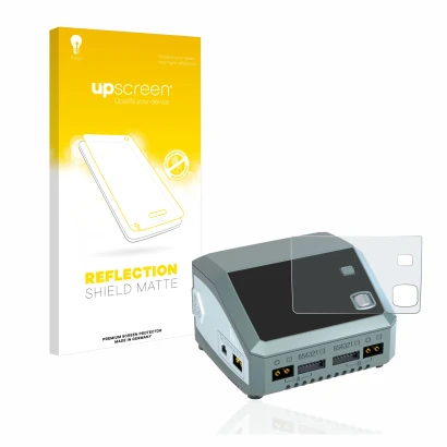 Parte frontal de un envase de producto con el logotipo de la marca upscreen. Al lado se muestra el dispositivo SkyRc D200 neo