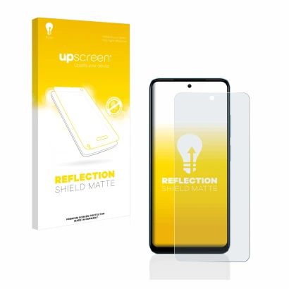 Parte frontal de un envase de producto con el logotipo de la marca upscreen. Al lado se muestra el dispositivo Xiaomi Redmi No