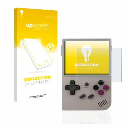 Parte frontal de un envase de producto con el logotipo de la marca upscreen. Al lado se muestra el dispositivo Anbernic RG35XX